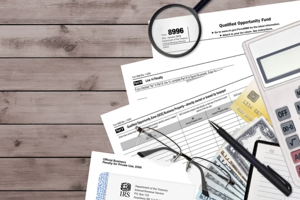 IRS form 8996 Qualified opportunity fund lies on flat lay office table