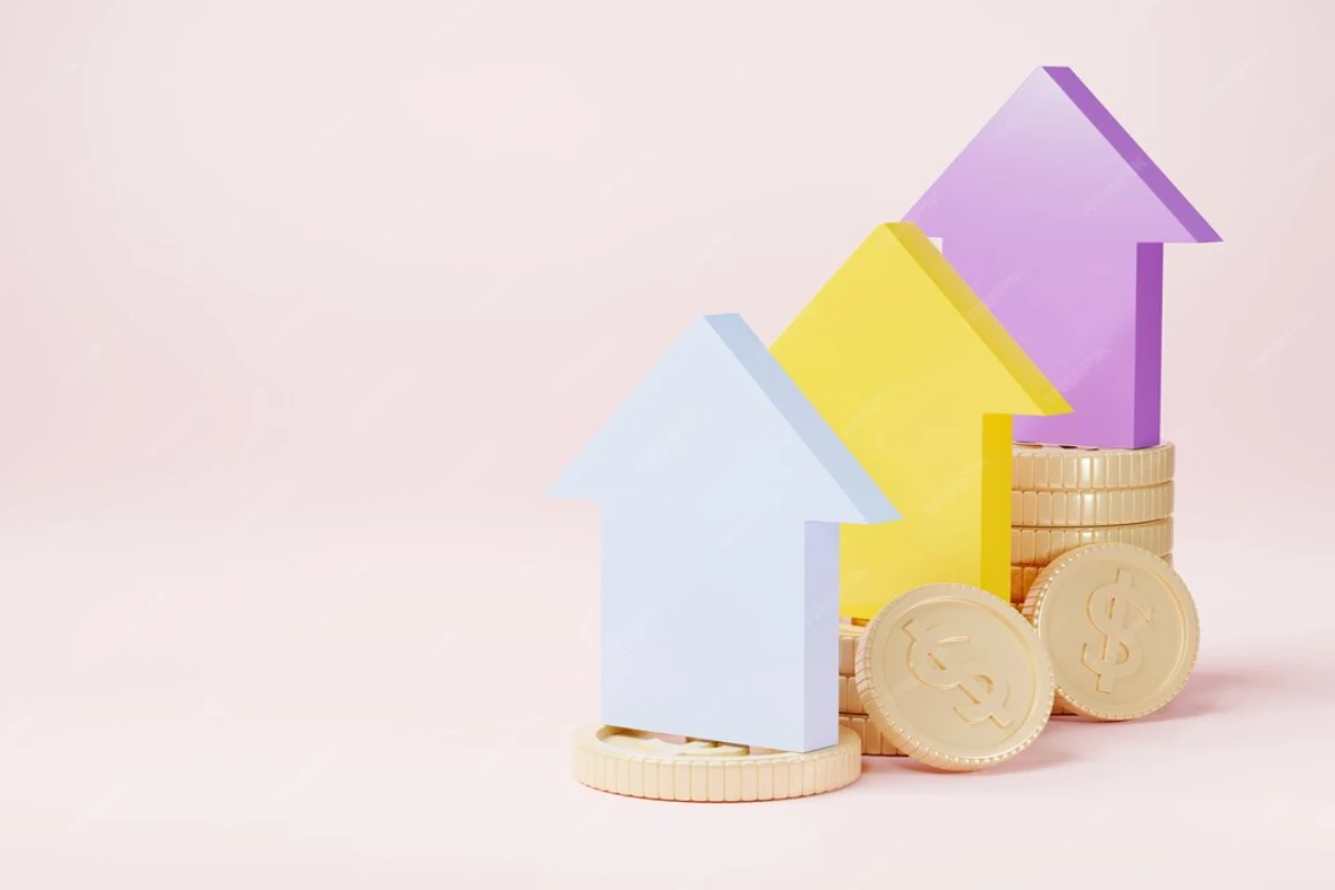 Arrow up bar graph increase and coin stacks 3D rendering illustration