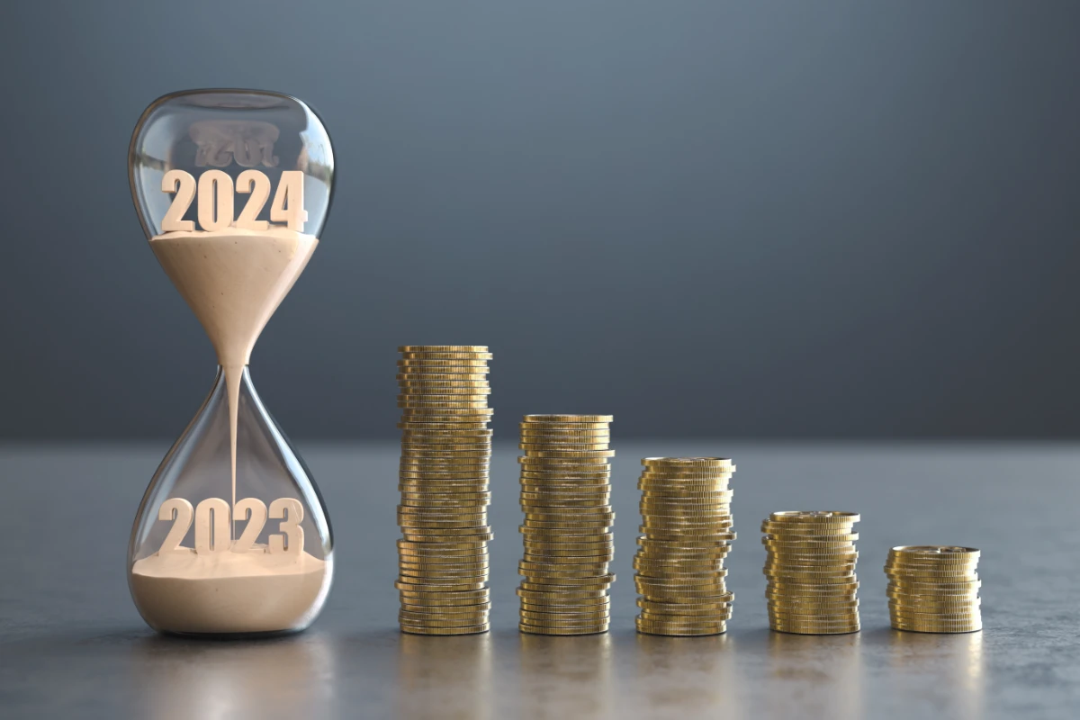 New year 2024 the time of 2023 is running out in the hourglass